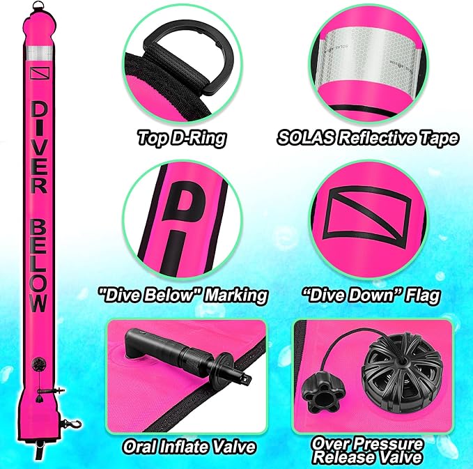 Surface Marker Buoy Scuba with Reel, 5ft High Visibility Diving Open Bottom Signal Tube Safety Sausage with Pouch Bag, 100ft ABS Dive Reel and Steel Double-Ended Bolt Snap (Hi-Vi Pink)