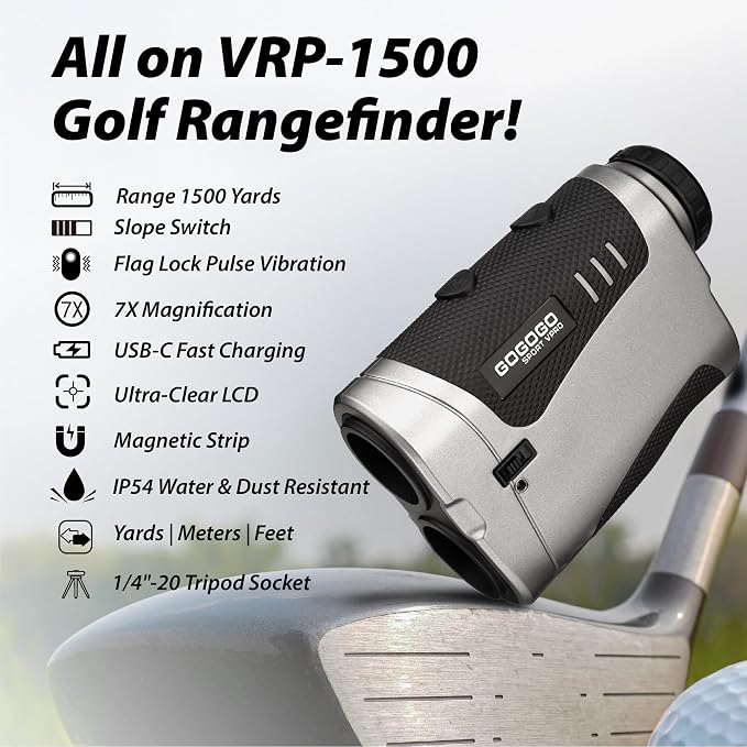 Gogogo Sport Vpro Golf Rangefinder with Slope Switch and Pin Lock Vibration, 1500/2500 yd, 7X Magnification, Magnet Stripe, HD LCD, Rechargeable Range Finders for Hunting, Golf Accessories