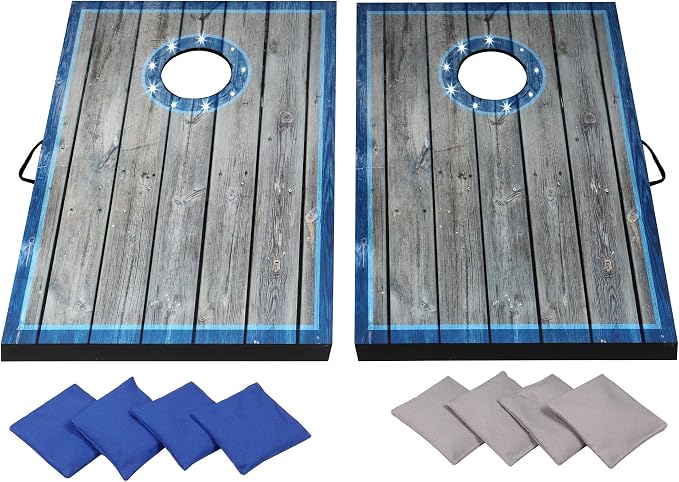 Hathaway Atlantic LED Cornhole Board Set – Includes 8 Rip-Resistant Bean Toss Bags & 2 Target Boards with Built-in Cornhole Lights & Nylon Carrying Bag for Portability – Blue/White