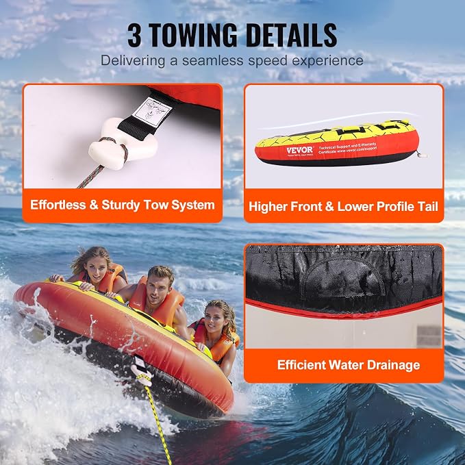 VEVOR Towable Tubes for Boating, 1-4 Riders Inflatable Boat Tubes & Towables, 340-680 lbs Capacity, Multiple Sizes with Full Nylon Cover, Padded/EVA Handles, Fins & Safety Valve (Multi-Option)