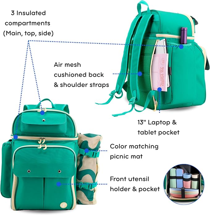 J World Picnic Backpack Cooler for 4. Insulated Picnic Basket Set with Folding Waterproof Blanket. Beach Camping Wedding Engagement Gift for Couples, Green