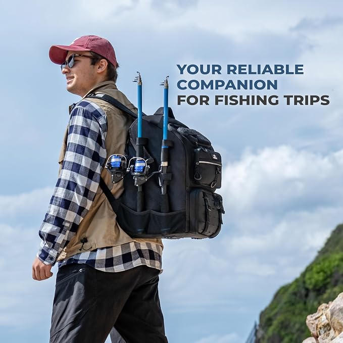 Fishing Backpack with Tackle Boxes and Rod Holders 40L; Plus Rain Cover, Padded Back Support, Insulated Front Pocket for Hot/Cold Lunch, Water Bottle Holder (Tactical Black)