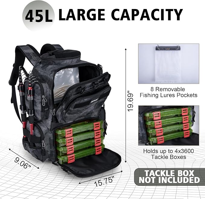 Goture Fishing Backpack,900D Water-Resistant Tackle Backpack with Rod Holders, SBS Zippers,45L Large Fishing Bag Storage Gear Tackle Bag with Rain Cover, Bottle Holder for Travel Camping Hiking