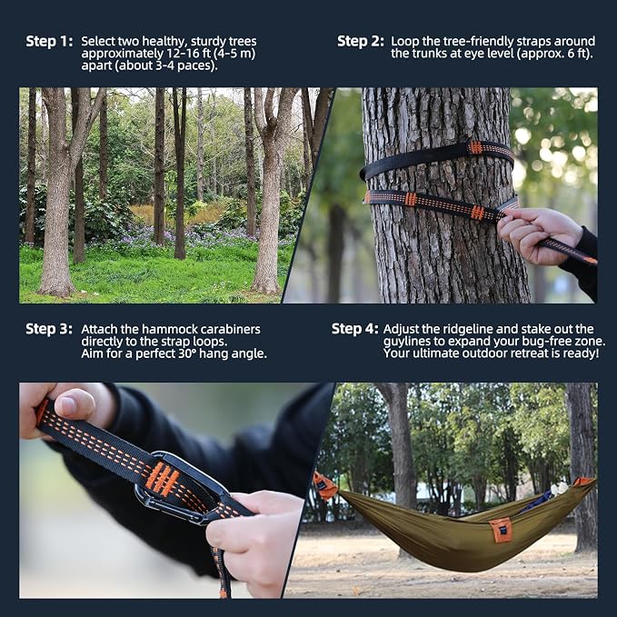 Camping Hammock with Integrated Mosquito Net, Ultralight Backpacking Hammock with Tree Straps & End-Aligned Stuff Sack, 210T Parachute Nylon Single Outdoor Portable Hammock-Olive Green & Orange