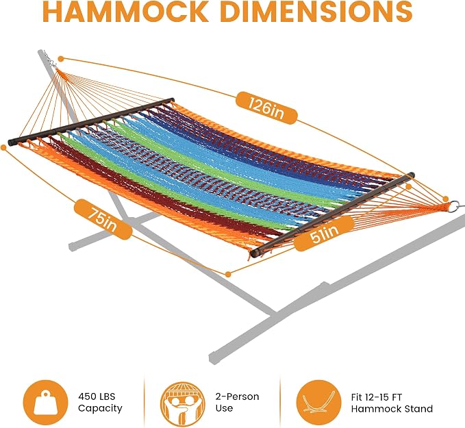Lazy Daze Hammocks 10.5 FT Double 2 Person Caribbean Rope Hammock, Hand Woven Polyester Hammock with Spreader Bars, for Outside Outdoor Backyard Patio Poolside, 450 LBS Capacity, Multicolor