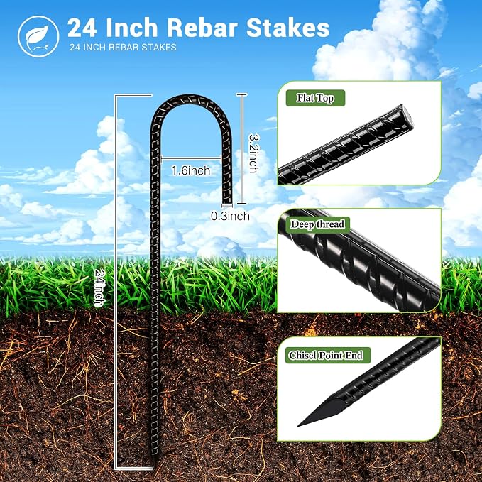 Gisafai 20 Pcs 24 Inch J Hook Rebar Stakes, Garden Ground Stakes Heavy Duty Tent Stake Ground Anchors Steel Plant Support Stake Long Straight Metal Spikes with Chisel Point End for Concrete Timber