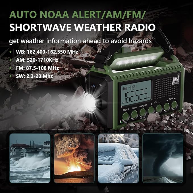 NOAA Emergency Radio with Auto Weather Alerts - 12000mAh Solar Hand Crank Weather Radio, 6 Power Sources, Bright LCD Digital Tuning, AM/FM/SW Receiver, SOS Alarm & Power Bank for Home Camping Survival
