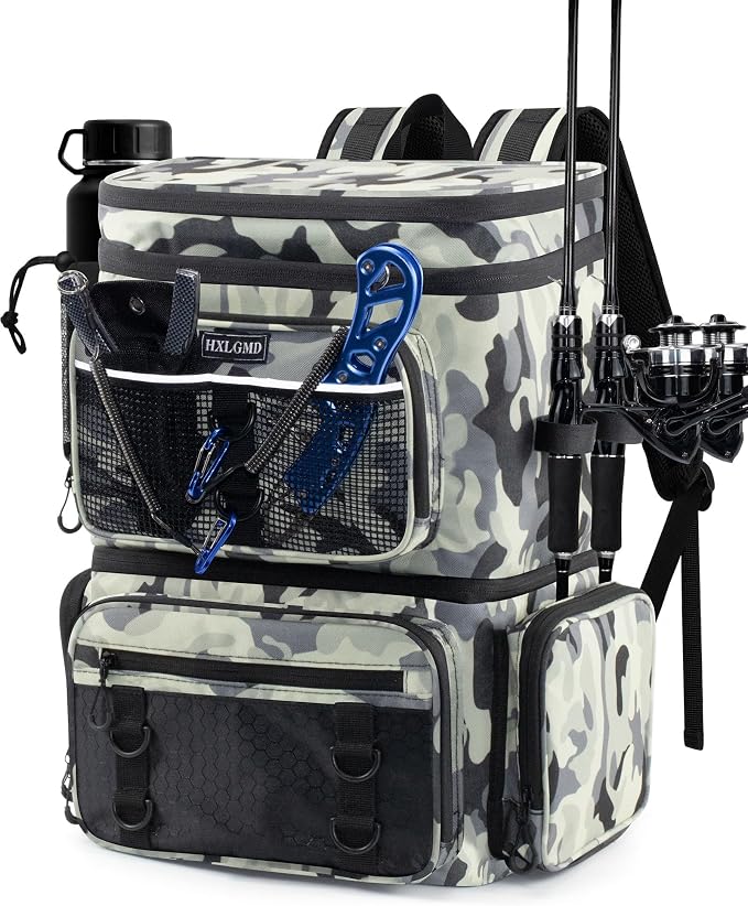 HXLGMD Fishing Backpack with Rod Holders, Double Layer Large Water-resistant Tackle Bag Store Gear with Cooler, Grey