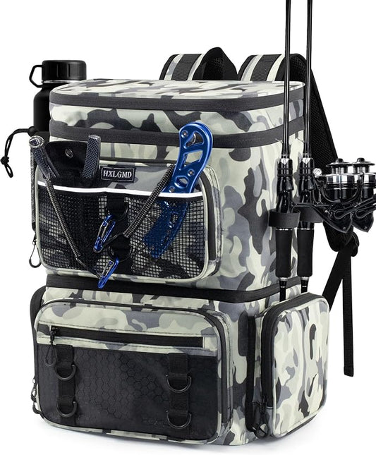 HXLGMD Fishing Backpack with Rod Holders, Double Layer Large Water-resistant Tackle Bag Store Gear with Cooler, Grey