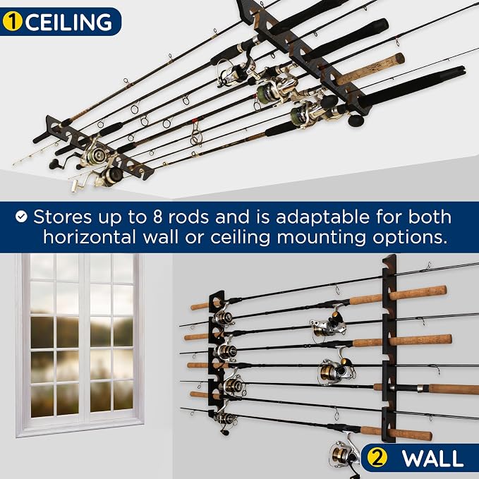 Rush Creek Creations 8 Fishing Rod Wall or Ceiling Storage Rack, Vertical or Horizontal Holder for Garage, 8 Rod and Reel Combo Capacity