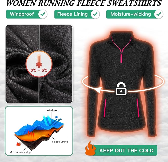 Soneven Women's Thermal Fleece Running Shirts Warm Winter Pullover Cold Weather Workout Hiking Tops with Thumb Holes Pockets