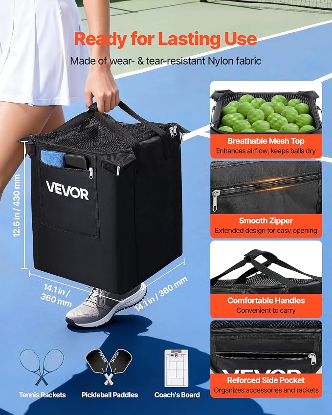 VEVOR Tennis & Pickleball Hopper Holds 200/175/150/120 Balls, 3-in-1 Tennis Foldable Pickleball Basket Cart for Easy Installation, Storage Bag for Tennis Training & Teaching