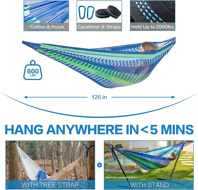 PNAEUT Handwoven Mayan Hammock, Thick Soft Rope Double Hammock for Outdoor Outside & Indoor, 600 lbs Capacity Heavy-Duty, Includes Tree Straps, Carabiners & Carry Bag(Lake Superior, X-Large)