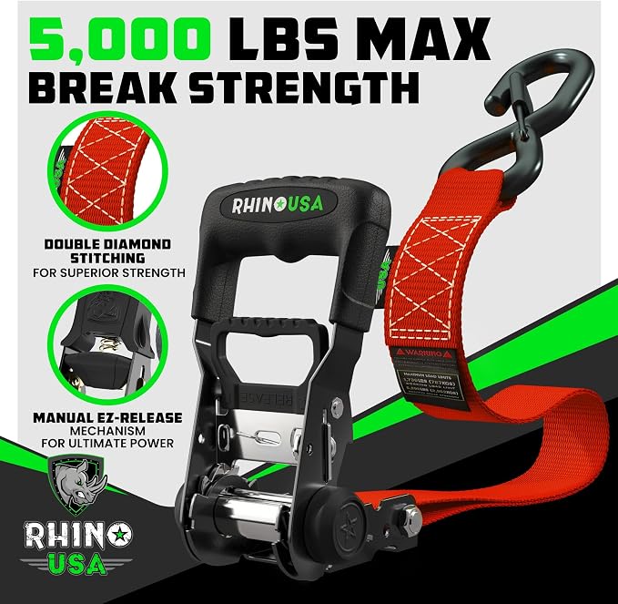 Rhino USA Ratchet Straps Heavy Duty Kit (2-Pack) - 1.6 Inch x 8 Feet Min Break Strength (5,000) - Ultimate Tie Down Straps with Safety S Hooks for Trucks, ATV, UTV, Motorcycle, Cargo & More - Red