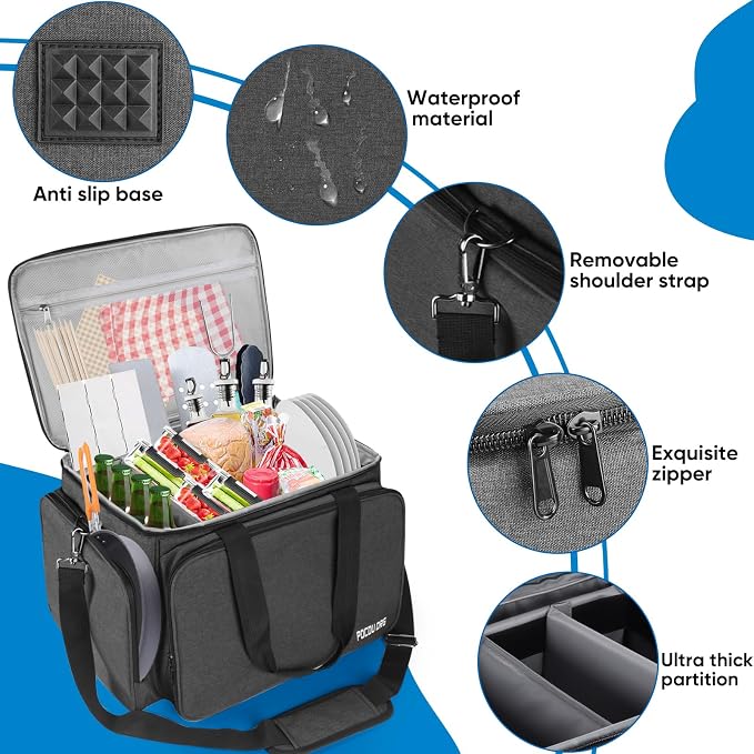 Multi-Purpose Picnic Gear Bag - Outdoor Camping Organizer Storage Bag for Cooking Utensils, Tableware, Gas Bottles, and Spices | Waterproof and Durable | 19.5x13.5x11.5 inches (Dark Gray)