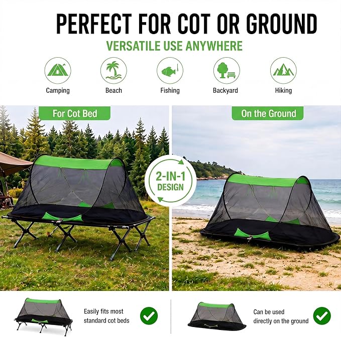 2 Pack Pop up Mosquito Tent for Camping 1 Person Instant Setup Foldable Bug Net Cot Tent with Ground Pin Portable Waterproof Screen Net for Cot Bed Hiking Summer Beach Outdoor