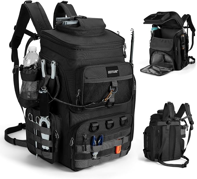 Goture Fishing Backpack, 900D Water-Resistant Tackle Bag with Rod Holders, Insulated Cooler Compartment, 55L Large Capacity Fishing Gear Storage for Saltwater&Freshwater Camping Hiking,Gifts for Men