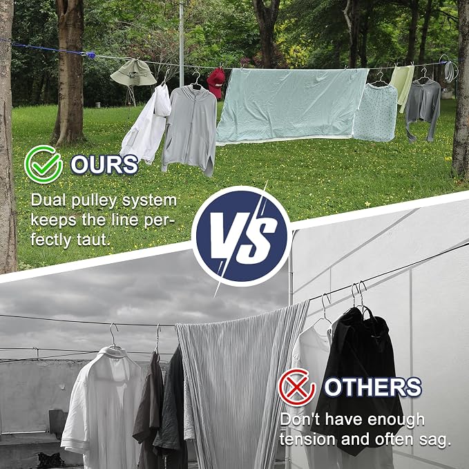 Vigorport Retractable Clothesline Outdoors 3/16" Wire Rope Nylon Coating | Heavy Duty Clothes Line with Blue Dual-Pulley & Clips, Travel Laundry Line, Drying Cable Rope for Outdoor Camping RV Backyard