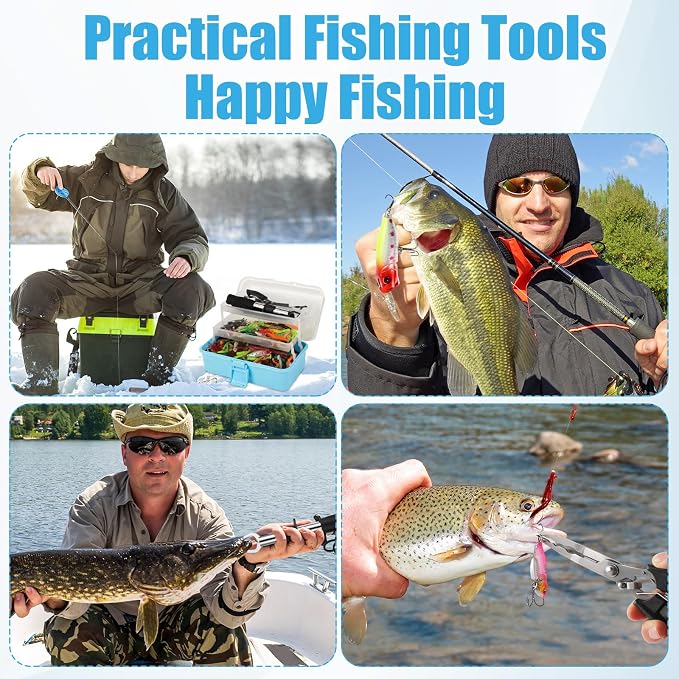 RoundFunny 3 Layers Fishing Tackle Box 414 Pcs Fishing Gift Lures Gear Kit with Tackle Included Pliers Lip Gripper Bait Hook Accessories for Beginner Fisherman Women Men, Fit Bass Trout