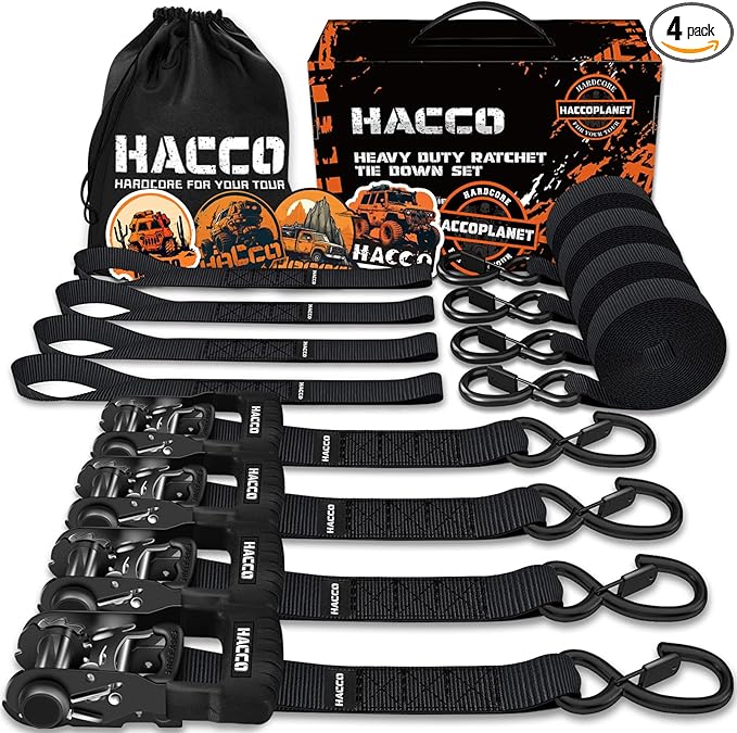 HACCOPLANET Ratchet Straps, 5280lb Break Strengeth, 1.6" Heavy Duty Ratchet Tie Down Strap Set w/Padded Handle, S Hook, Soft Loop for UTV Motorcycle Truck Cargo Straps (Black, 16FT)