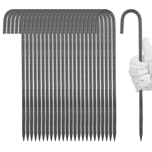 24 Pcs J Hook Rebar Stakes 16 Inch, Chain Link Fence Stakes Fence Metal Ground Stake, 3/8" Diameter Heavy Duty Tent Stake for Camping Inflatables Canopies Swing Sets Yard Decorations