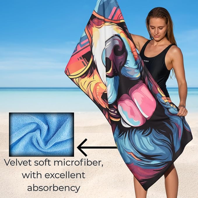 Microfiber Funny Happy Dog in Sunglasses Colorful Beach Towel for Women, Girls, Kids, Men, Plush Beach Towel, Quick Dry Pool Towel Super Soft, Oversized 31x62 Inches