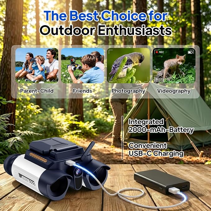 Kids Binoculars with Night Vision, 10x Optical Magnification Digital Binocular with 2.4" HD Screen & 20 Games, STEM Outdoor Exploration Camping Toys Gifts for Boys Girls Age 7-12+ (White&Purple)