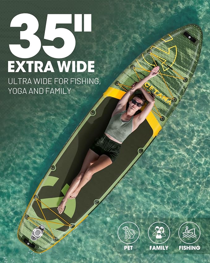 CETANA Extra Wide Inflatable Paddle Board 11'6 x 35" x 6", 450LB High Weight Capacity Wide Stable Stand Up Paddle Board for Beginners, 2–3 Person Large Paddleboard with 3 Fins, Dual Bungee, 15 D Rings