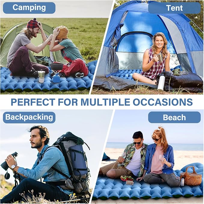 Yuzonc Double Camping Sleeping Pad with Built-in Foot Pump and Pillows – Ultralight Inflatable Sleeping Mat for 2 Person, Compact Air Mattress for Backpacking Hiking Tent Camping, Portable Outdoor