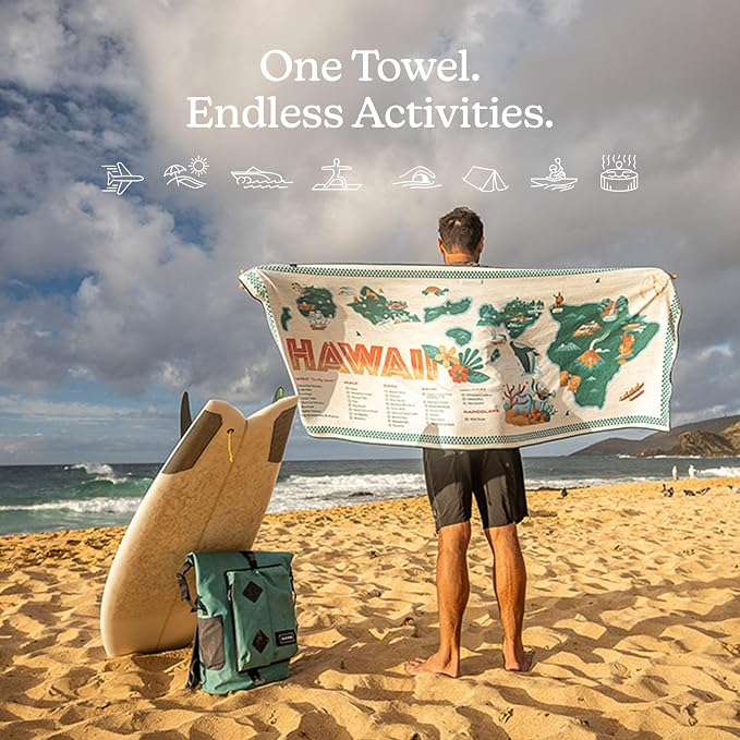 Nomadix Original Towel - Perfect for Beach, Pool, Travel, Camping, Yoga - Made with Recycled Materials - Super Absorbent - Sand Resistant - Hawaii Map - 72.5x30
