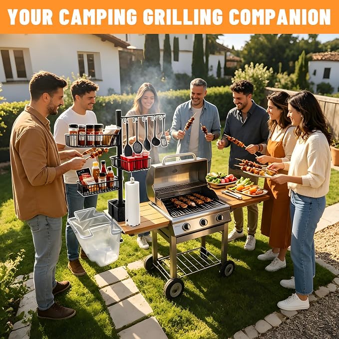 Griddle Caddy for Blackstone, 8-in-1 Outdoor Grill Organizer | Cup Holder, 2 Condiment Baskets, Garbage Bag & Paper Towel Holders, Hook Shelf & Pedestal Poles, For Camping BBQ RV Patio