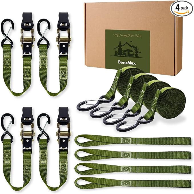 Ratchet Tie Down Straps with Soft Loops 4-Pack| 1 inch x 15 ft | Securing Cargo Strap for Car Roof Rack, Trailer, Kayak, Pickup Truck Bed