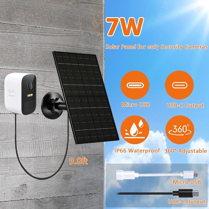 7W Solar Panel Compatible with Eufycam, USB-C Solar Charger for 5V Battery Cameras, IP66 Waterproof, 360° Adjustable Mount, 9.8ft Charging Cable