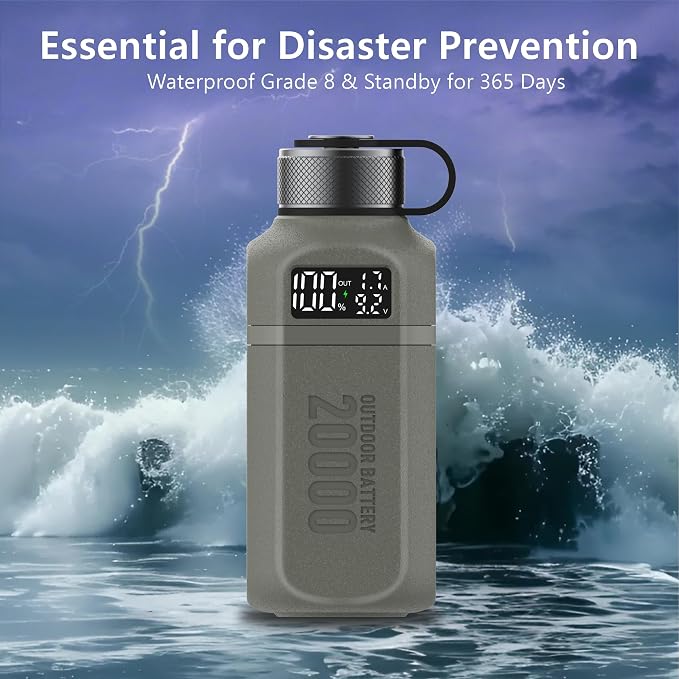 20,000mAh Rugged Power Bank with Fast Charge USB-C PD, IP68 Waterproof Shockproof, Includes 420lm Bright Camping Lantern, Tactical Outdoor Charger for Hiking Camping Survival Emergency（Grey）