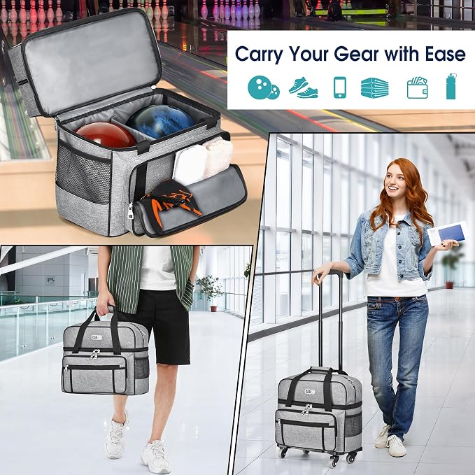CAB55 2 Ball Bowling Bag with 4 Wheels, Double Bowling Ball Bag with Separate Shoe Compartment, (Up To US Men Size 16), and Multiple Multifunctional Accessory Pockets