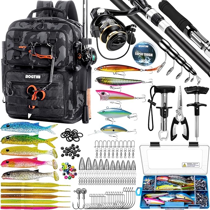 Fishing Backpack with Tackle Boxes and Rod Holders, Fishing Bag with Fishing Lure Kit Water-resistant Sling Tackle Bag Store Gear and Equipment, Bait Gifts for Men Woman Anglers-Black Camo Backpack