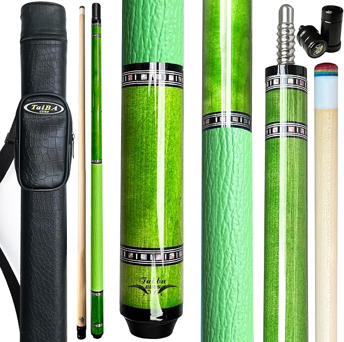 Tai ba cues 2-Piece Pool cue Stick with Case, Genuine Leather Grip, 13mm Tip, 58", 3/8 * 8 Pin Joint, Hardwood Canadian Maple Professional Billiard Cue Stick 19, 20, 21 Oz, Pink, Blue, Green, Orange