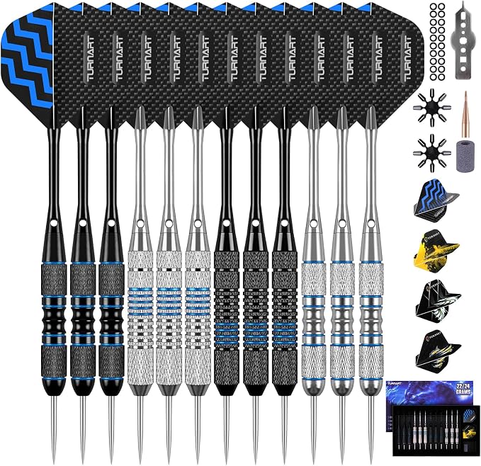 Turnart Darts Metal Tip Set - Steel Tip Darts Darts Set Professional Metal Darts 12 pcs 22/24 Grams Pro Dart Set with Stylish Case Aluminum Shafts Extra 9 Flights