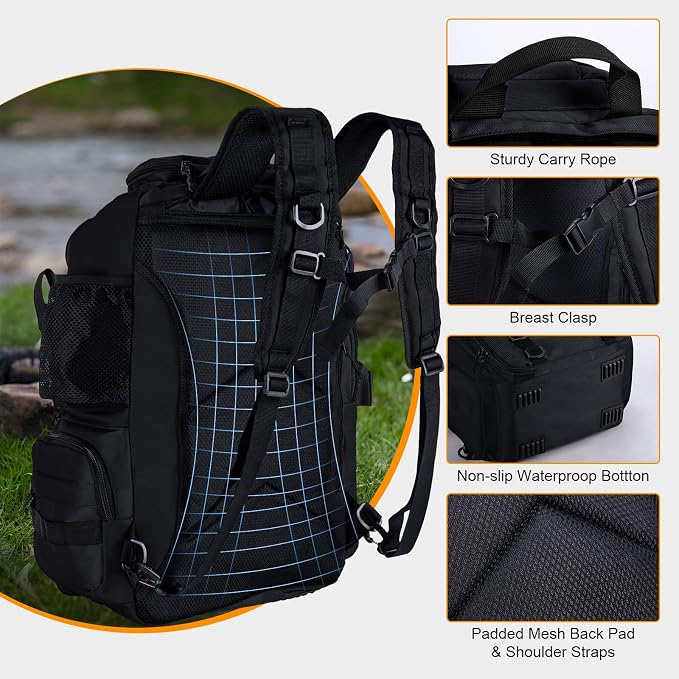 Goture 40L Large Black Fishing Backpack, 900D Tear-Resistant Tackle Bag with Cooler & Rain Cover & 3600 Trays, Freshwater Saltwater