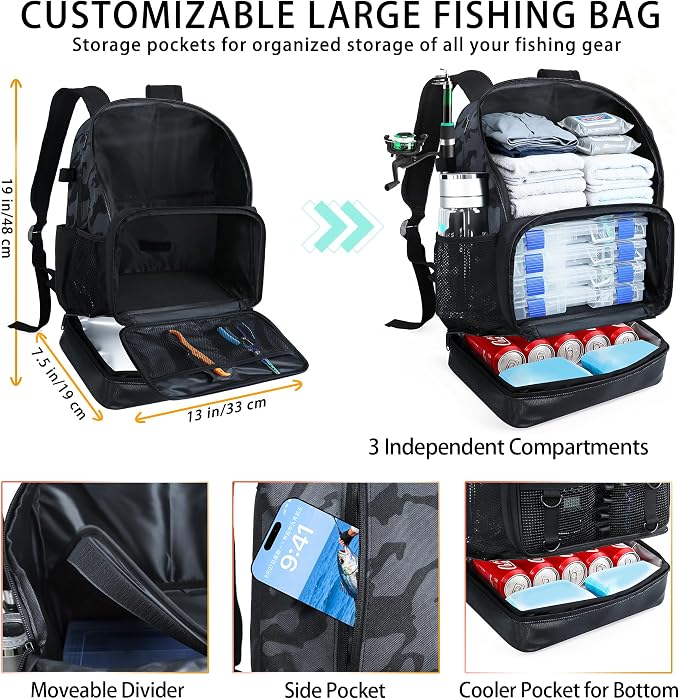 Fishing Backpack with Tackle Boxes and Rod Holder, Cooler, 30L Large Tackle Bag with Fishing Gear Lures Kit, Waterproof Bottom tackle Backpack Fish Set Gifts for Men Women-Camo Back Pack