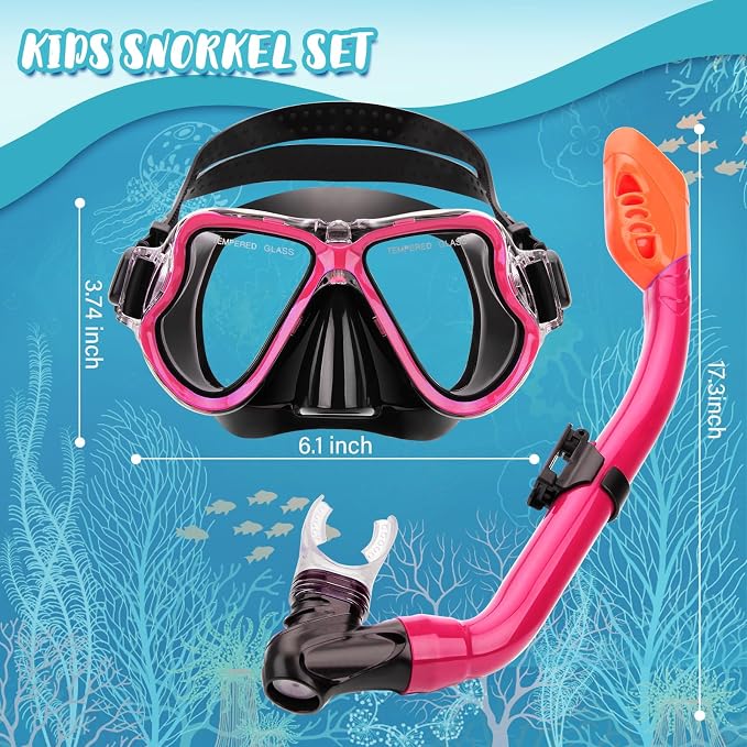 Snorkeling Gear for Kids, 4 in 1 Child Mask Fins Snorkel Set with Panoramic View Anti Fog Mask, Dry Top Snorkel, Trek Fins and Travel Bag, Kids Snorkeling Set with Fins for Snorkeling Swimming