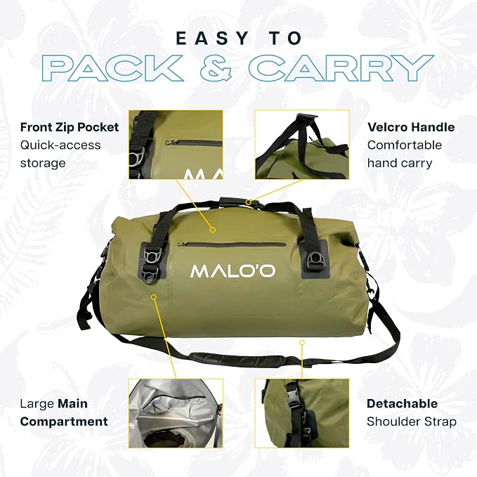 Malo’o Waterproof Dry Duffel, Heavy-Duty Roll Top Waterproof Gear Bag with Shoulder Strap & Molle Loops, Marine Duffel for Kayaking, Boating, Camping, Beach & Travel, Dark Green, 60L