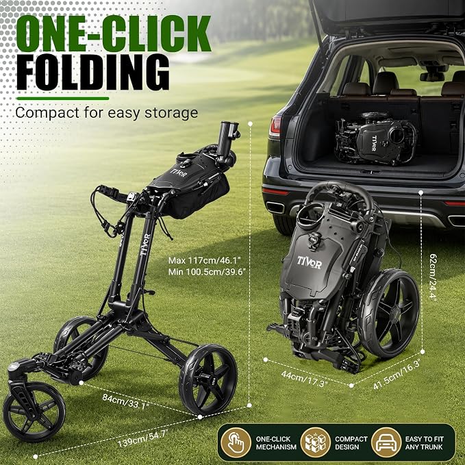Tivor Golf Push Cart with 360° Front Wheels & Handbrake, 3 Wheel Pull Cart Offers One-Click Folding and All-Terrain Mobility