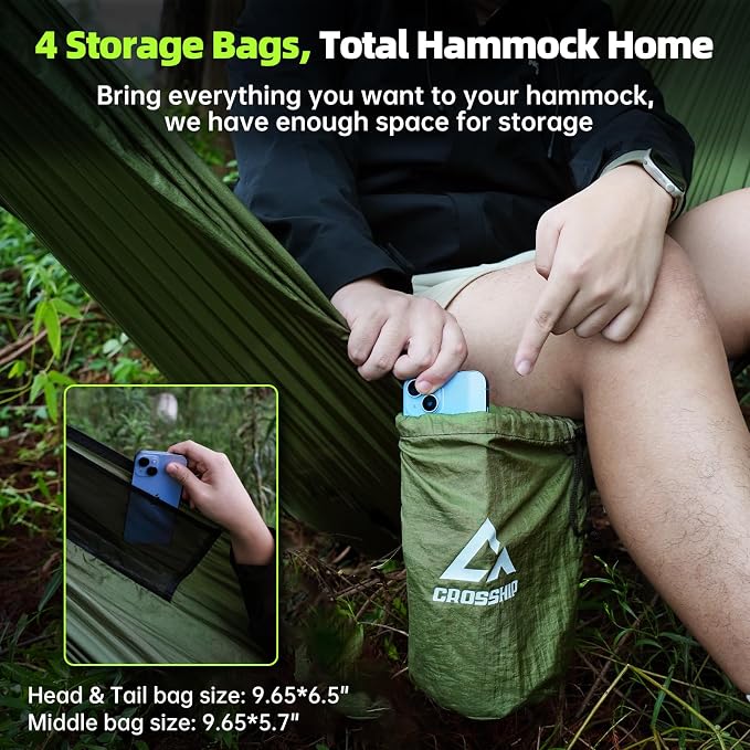 Camping Hammock with Mosquito Net – Portable Parachute Nylon Backpacking Hammock with Tree Straps, Camp Rope & Stake - for Hiking, Backpacking, Travel, Backyard, Beach – Holds Up to 500lbs (Green)