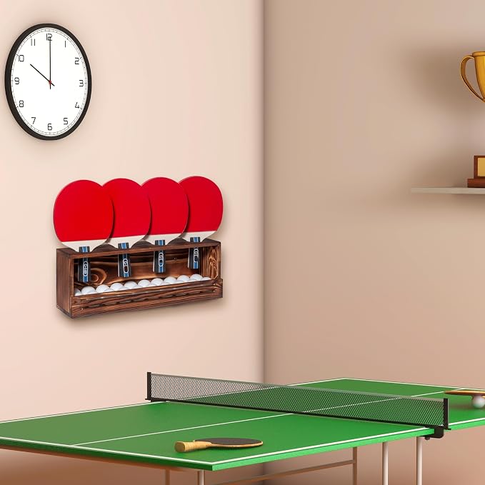 Ping Pong Paddle Storage Rack, Ping Pong Accessories Organizer Wall-Mount for 6 Paddles, 6 Pickleball Paddles and Balls, Pine Wood Table Tennis Racket Display for Game Room Bar Office Home