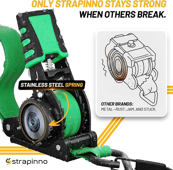 Strapinno Retractable Ratchet Straps (4-Pack), 1 in x 10 ft, 1,500LBS Break Strength, Most Durable Straps and Core, Auto Self Retracting Tie Downs for Truck, Moving, Motorcycle, Bike, Jetski, Kayak
