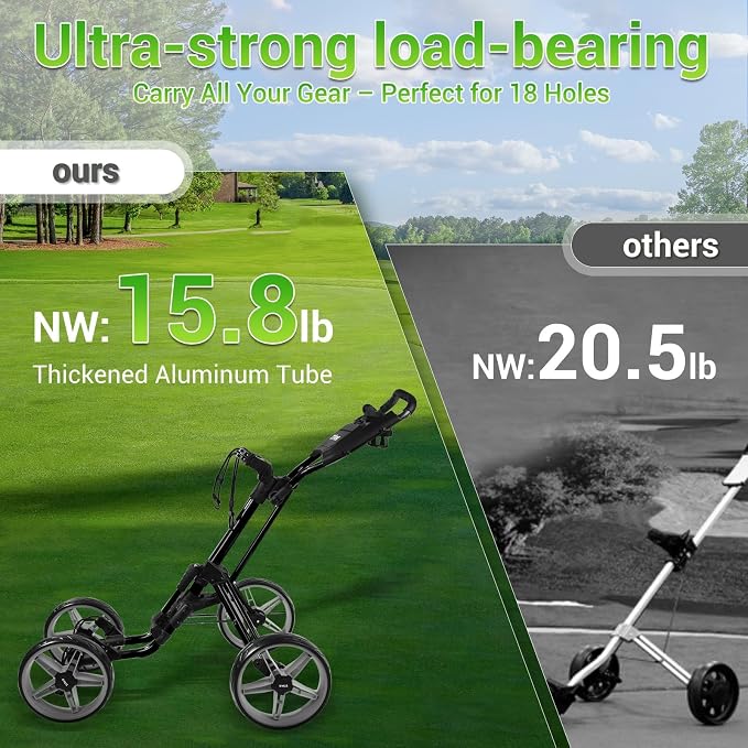 Tivor Lightweight Golf Push cart 4 Wheel Foldable Golf Trolley for Adults and Junior with Ergonomic Adjustable Handle, Scorecard Holder, Umbrella Mount, Foot Brake, All-Terrain Wheels
