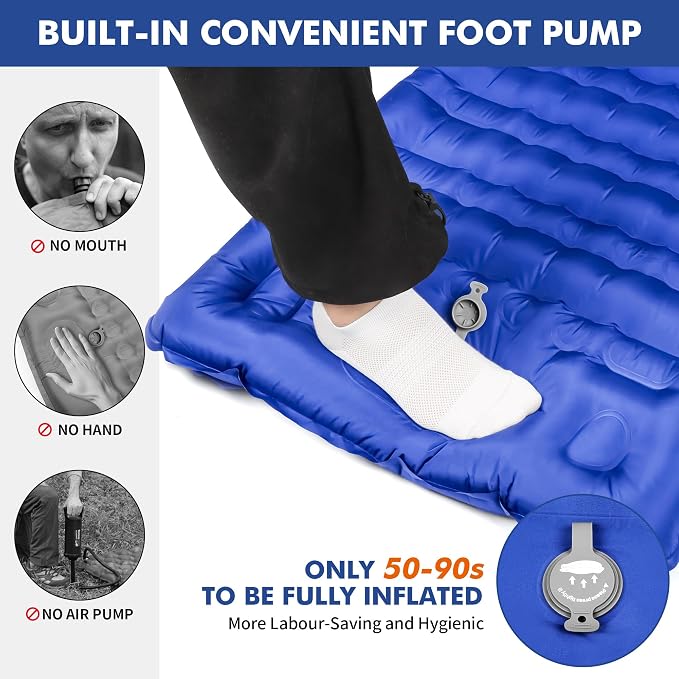 HiiPeak Double Sleeping Pad Self Inflating 3" Extra-Thick for 2 Person with Pillow Built-in Foot Pump Inflatable Sleeping Mat for Backpacking, Hiking, Traveling, Tent, Camping Mat (Single Blue)