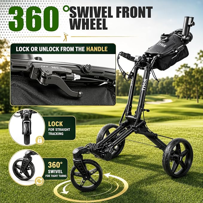Tivor Golf Push Cart with 360° Front Wheels & Handbrake, 3 Wheel Pull Cart Offers One-Click Folding and All-Terrain Mobility
