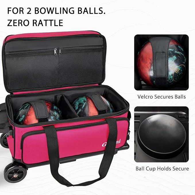 Goloni Double Roller 2 Ball Bowling Bag with Separate Shoe Compartment,2 Ball Bowling Bag with Wheels,Retractable Handle Extends to 40"